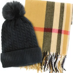 Couture Gems Oblong Camel Plaid Scarf and Hat Set