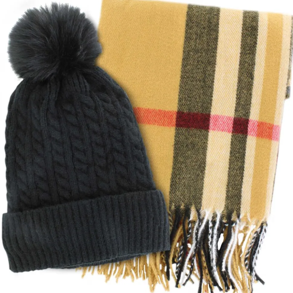 Couture Gems Oblong Camel Plaid Scarf and Hat Set