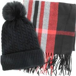 Couture Gems Oblong Red Plaid Scarf and Hat Set