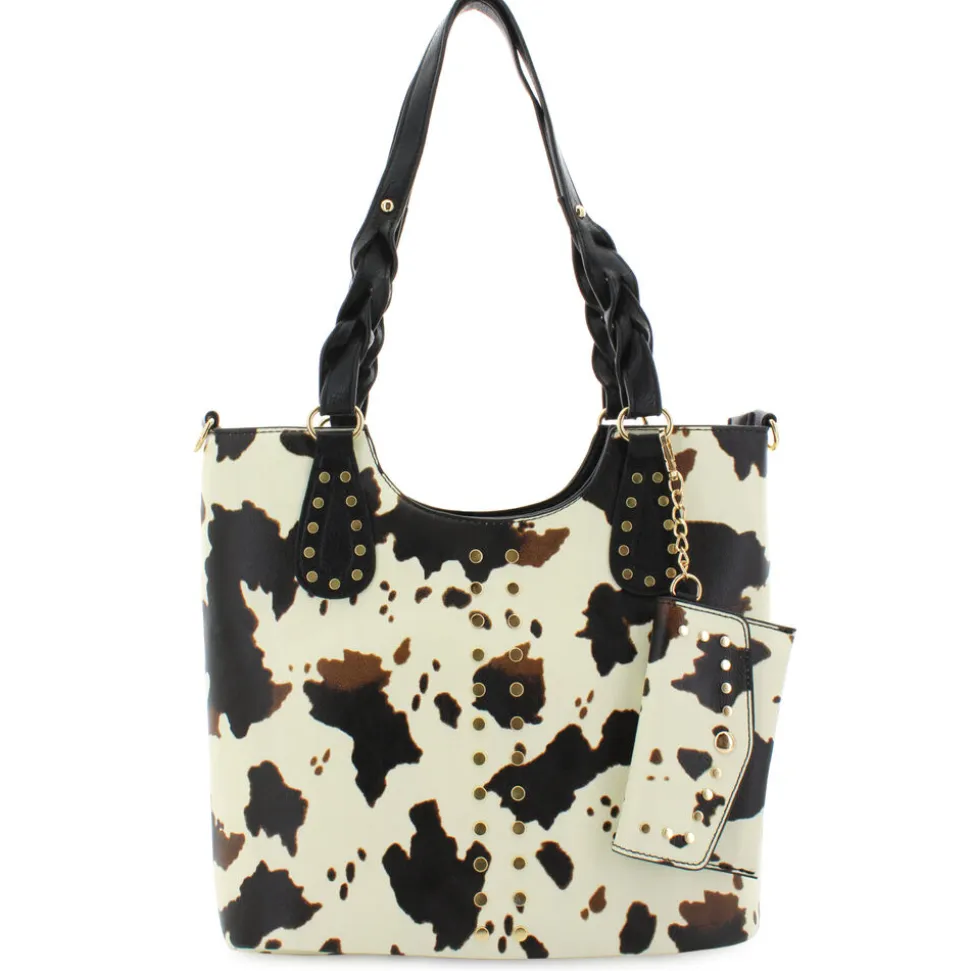 Sam & Hadley Large Braided Cow-Print Tote