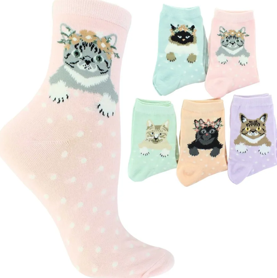 Women's ET TU Floral Cat Short Crews 5-Pair Pack